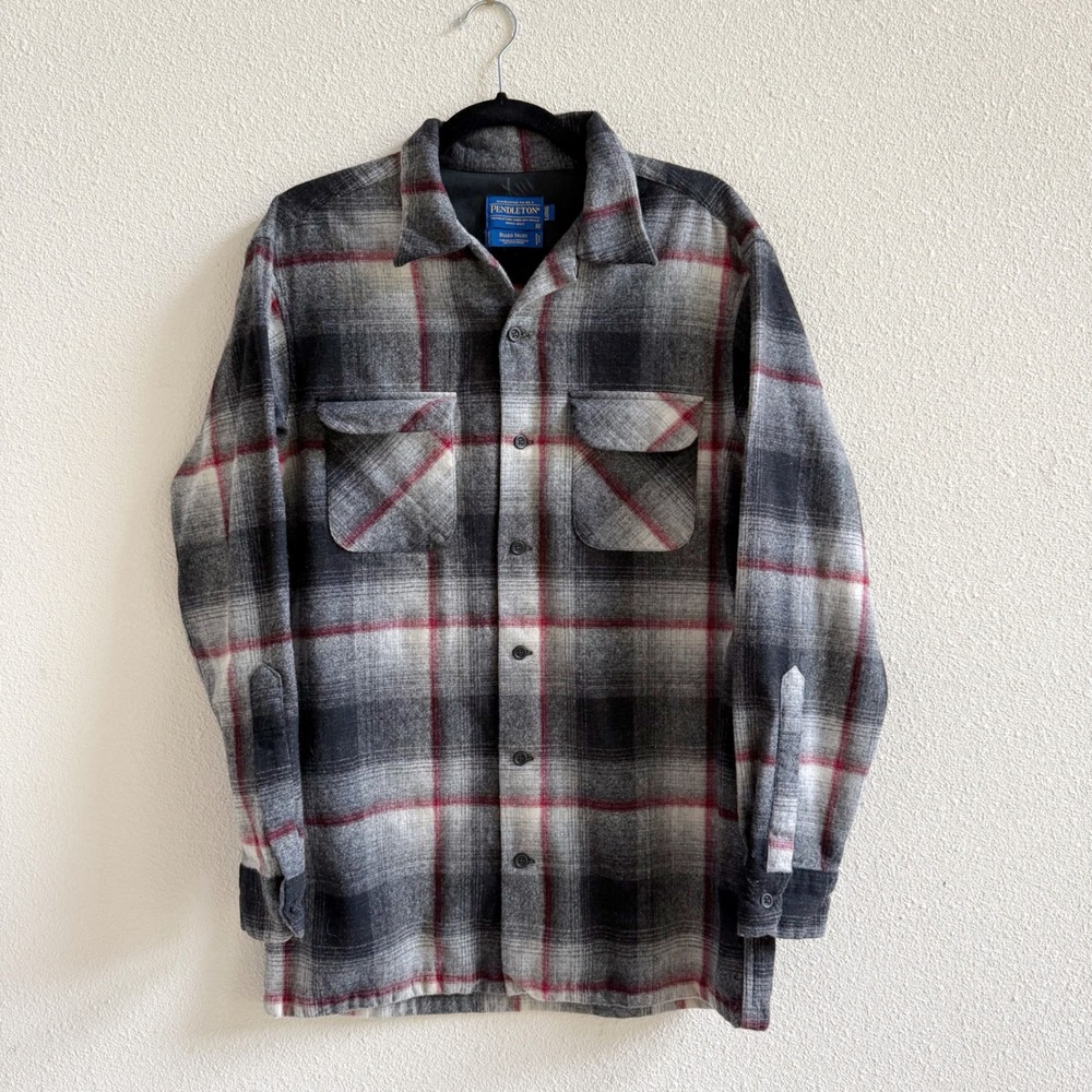 Pendleton Board Shirt Mens M Long Grey Excellent Plaid Wool Button Down